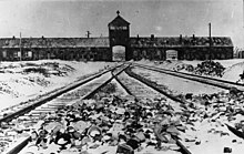 A memorial image of the Holocaust: photo of the gatehouse of Auschwitz-Birkenau concentration camp, view from inside after liberation by the Red Army on 27 January 1945. photo by Stanisław Mucha