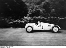 Bernd Rosemeyer in 1937 on Auto Union Type C at the Nürburgring