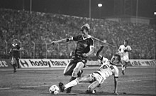 Holger Hieronymus (r.) stops BFC player Hans Jürgen Riediger in the 1982 European Cup match.