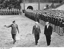 Wilhelm Hoegner and Theodor Blank attending an officers' training course in Sonthofen on May 15, 1956