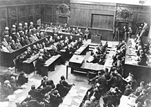 Trial hall (September 30, 1946): the changed arrangement of the judge's bench on the right; diagrams and films were shown on the front wall of the hall, seat for the witness; on the left, the bench of the defendants and their lawyers. In the foreground the tables of the plaintiffs, from left to right: Fr, UdSSR, USA, GB. The photograph was taken from the press gallery on the upper floor.