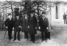German peace negotiators before leaving for the Hotel Trianon. From left: Leinert, Melchior, Giesberts, Brockdorff-Rantzau, Landsberg, Schücking