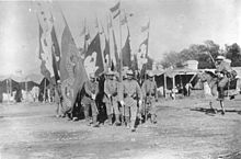 Soldiers of the German 1st East Asiatic Infantry Regiment with the flags captured during the storming of the Peitangforts