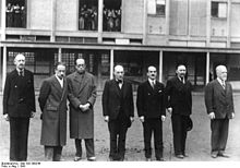 Jewish-French lawyers interned at Drancy. From left to right: Weill, Valensi, Azoulay, Ulmo, Cremieux, Eduard Bloch and Pierre Mas.