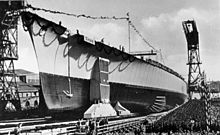 Launching of the battleship Tirpitz, the largest ship built at the Kriegsmarine shipyard, on April 1, 1939.