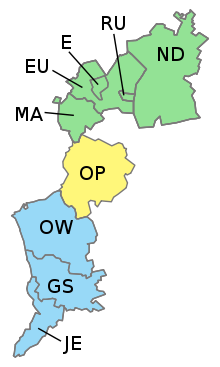 Karta som visar Nord-. Mittel- och Südburgenland i olika färger.  