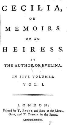 Cecilian ensimmäisen niteen ensimmäisen painoksen nimiölehti.  