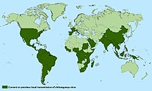 Las áreas de color verde oscuro son los países en los que la gente se ha contagiado de chikungunya, según los CDC a partir de mayo de 2018.