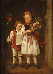 Carl Johann Lasch: Congratulations on your birthday (children deliver a birthday card and flowers, 19th century)