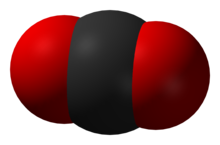 Een plaatje om eenvoudig te laten zien hoe de atomen de ruimte kunnen vullen. Het zwart is koolstof en het rood is zuurstof.