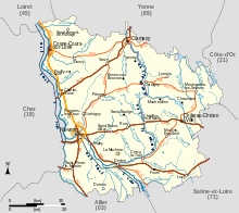 Karta över Nièvre.  