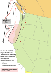 Area of the Cascadia subduction zone with the Cascade volcanoes (red triangles)
