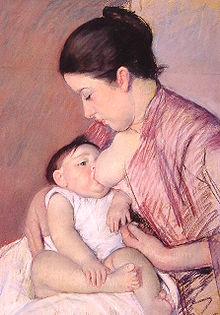 Moteris, maitinanti vaiką krūtimi; paveikslas, nutapytas Mary Cassatt, 1890 m.