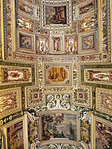 Detail of the Mannerist ceiling decoration of paintings, grotesques and stucco by Girolamo Muziano and Cesare Nebbia and others in the Galleria delle carte geografiche of the Vatican Palace (ca. 1580-90)