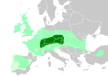 Максимална експанзия на келтите в светлозелено, около 300 г. пр. Първоначалният обхват, около 500 г. пр.н.е., е показан в тъмнозелено.
