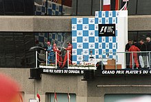 Giancarlo Fisichella, Michael Schumacher en Eddie Irvine op het podium van de Grand Prix van Canada 1998  