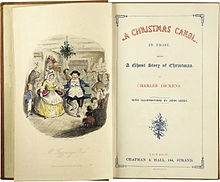 Title page of the first edition of A Christmas Carol, coloured illustration by John Leech