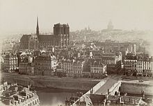 The Île de la Cité in 1865 before Haussmann's redevelopment, photographed from the Saint-Jacques tower, looking south, with the Panthéon in the background.