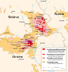 Una mappa della contaminazione da cesio-137 nel 1999, un decennio dopo la crisi di Chernobyl. Ordini di restrizione sono ancora in vigore per la produzione, il trasporto e il consumo di alimenti contaminati dalle ricadute di Chernobyl