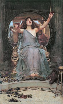 Kirke hands Odysseus the drinking cup. Painting by John William Waterhouse (1891)