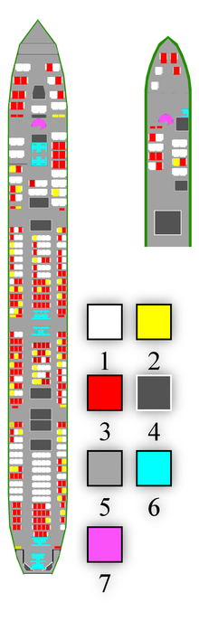Plan du siège du vol 611 ; 1-siège vide ; 2-corps non récupérés ; 3-corps récupérés ; 4-couloir ; 5-stockage ; 6-toilette ; 7-étages