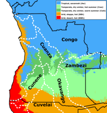 The climatic zones of Angola with the main catchment areas (dotted lines)