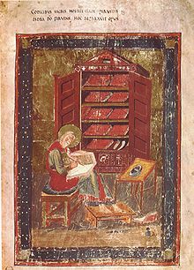 Ezra in front of a cabinet with biblical books (Codex Amiatinus)