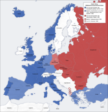 The blocks in Europe: blue the West, red the Eastern bloc, Yugoslavia in between neutral white marked