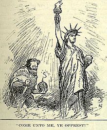 Publicistic expression of the Red Scare: The propaganda cartoon in the Memphis daily newspaper Commercial Appeal (1919) depicts the clichéd image of a European anarchist as a criminal who wants to destroy the Statue of Liberty. This is ironically accompanied by the biblical quotation (Mt 11:28 EU ): "Come unto me, ye oppress!" ("Come unto me, ye oppressed").