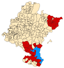 Location of the Bardenas Reales (blue) in Navarra and the municipalities of the Comunidad de Bardenas Reales (red)