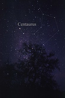 Alpha Centauri is the brightest star in the constellation Centaurus (upper left). In the treetop lies the constellation Crux.