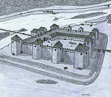 Pannonian Limes: reconstruction attempt of the late antique fort Contra Aquincum, view from south-east