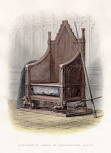 De steen van Scone in de kroningsstoel in Westminster Abbey, 1855.