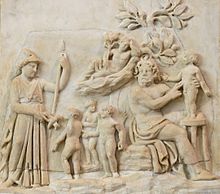 Athena kijkt toe hoe Prometheus mensen schept (3e eeuw CE)  