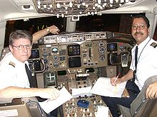 Copilot (right) in the cockpit of a Boeing 757