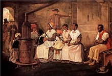 Um quadro retratando mulheres escravas africanas à espera de venda, em Richmond, Virgínia, EUA, 1853.