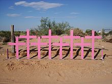 Crosses in Lomas del Poleo Planta Alta (Ciudad Juárez, Mexico) at the site where eight bodies of women victims of femicide were found in 1996.