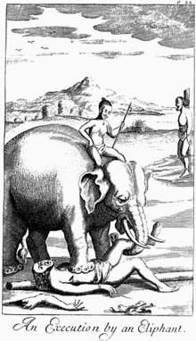"Egzekucja dokonana przez słonia" (sic), z "Historycznej relacji z wyspy Cejlon" Roberta Knoxa (Londyn, 1681)