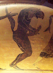 Un sátiro masturbándose, en la cerámica de la antigua Grecia.  