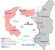 De huidige grenzen van Polen zijn na 1945 vastgesteld. De grijze gebieden gingen van Polen naar de Sovjet-Unie. De rode gebieden van Duitsland tot Polen.