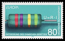 Duitse postzegel ter ere van G.S. Ohm, met de wet van Ohm en een kleurgecodeerde weerstand. De tekst onderaan kan worden vertaald alsOntdekking van de wet van Ohm