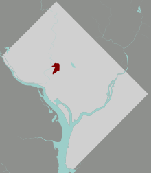 Kaart van Washington, D.C., met Adams Morgan gemarkeerd in marron.