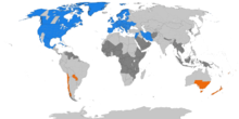  Una mappa che mostra i paesi che utilizzano l'ora legale in base a ciascun emisfero a partire da settembre 2016[aggiornamento] .      DST nell'emisfero nord estate DST nell'emisfero sud estate DST non più usata DST mai usata