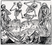 Bewegende skeletten uit La Danse Macabre van Hans Holbein de Jonge (1538)