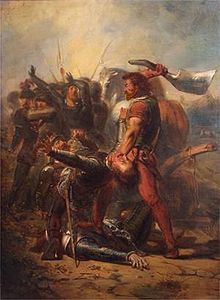 Pittura di Donia e Jelckama che lottano per la libertà del suo popolo. Il dipinto si chiama: "Dapperheid van Grote Pier", che significa: "Il coraggio di Greate Pyr".
