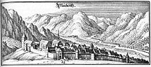 Bludenz around 1643 (copper engraving by Merian) with the Oberes Tor (front), the Ill (right), the Montafon (back right) and the Klostertal (back left).