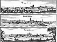 Ulm in three directions around 1650, copper engraving by Merian