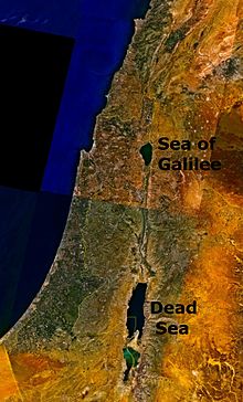Satelliittikuva Galilean merestä ja Kuolleesta merestä.