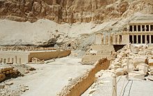 Remains of the mortuary temple at Deir el-Bahari between the mortuary temple of Mentuhotep II. (left) and the mortuary temple of Hatshepsut (right)