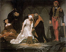 Lady Jane Grey se prepara para colocar seu pescoço no bloco. Na Inglaterra, a maioria das decapitações foram feitas com um machado e um bloco.